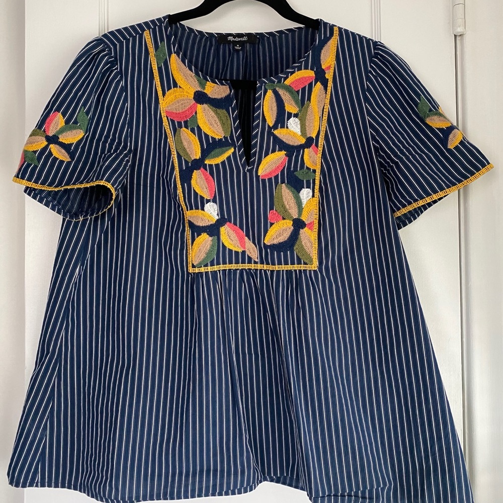 Madewell blue stripe embroidered blouse
